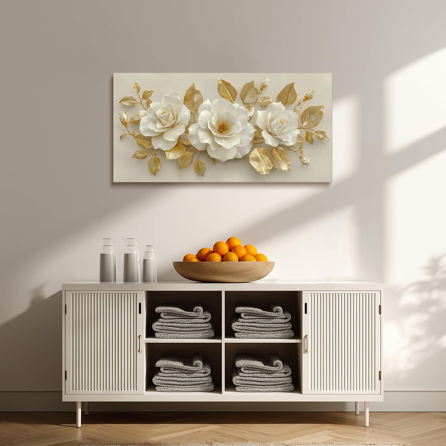 SLYCAY Large Modern White Floral Golden Leaves Canvas Wall Art Prints, Neutral Flowers Botanical Painting Pictures Boho Beige Blossom Wall Decor Artwork Bedroom Living Room Office 20"X40"