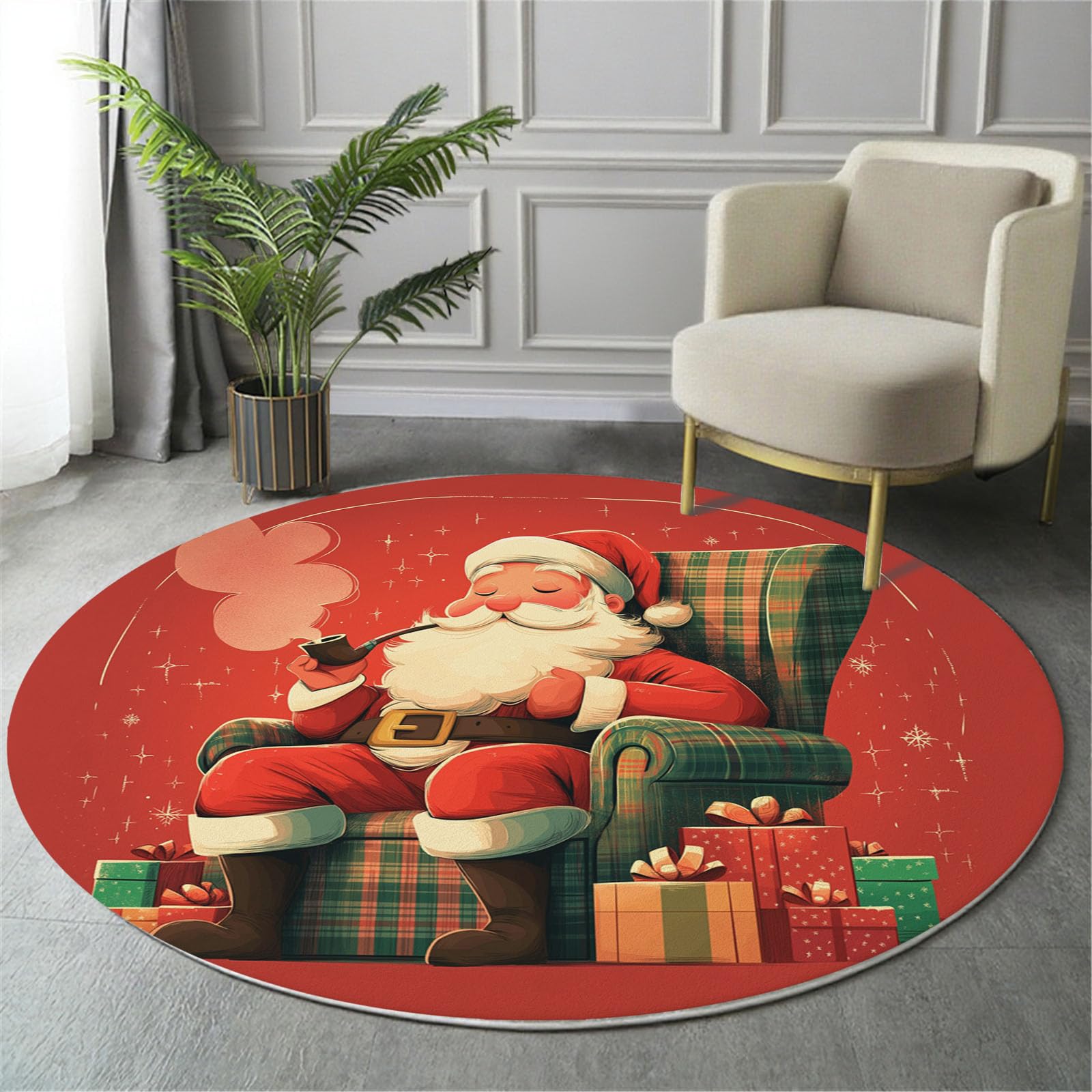 Tapis De Noël Rond, Motif Père Noël Rétro Affiche De Noël Tapis De Salon Rouge Foncé Doux Paillasson Antidérapant pour Salle À Manger Canapé Chambre d'enfant Fête, Diamètre 120 Cm