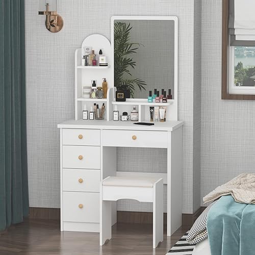 FAMAPY Makeup Vanity Makeup Desk with Mirror, Vanity Set with Storage Drawers and Shelves Wood Makeup Table Cushion Stool White