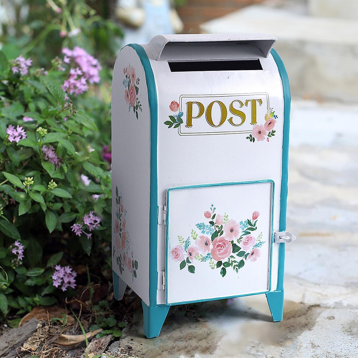 TentHome Boite aux Lettres sur Pied Petite en Fer Etanche Intérieur Extérieur, Boîte à Lettre Decorative Originale Design, Decoration pour Anniversaire, Mariage et Jardin Exterieur (Blanc + Bleu)