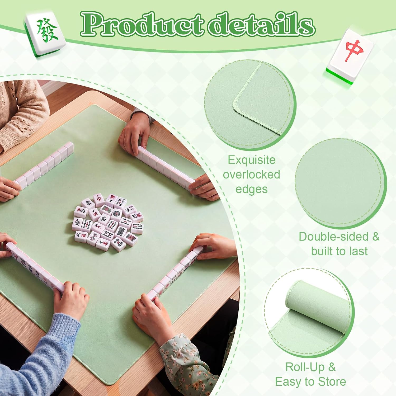 Thenshop Double Sided Mahjong Mat Same Color Both Sides, 31.5''x 31.5'' Neoprene Table, Non Slip Rubber Base, Waterproof & Quiet Surface, Reversible Game Mat for Mahjong, Poker, Dominoes(Sage Green)