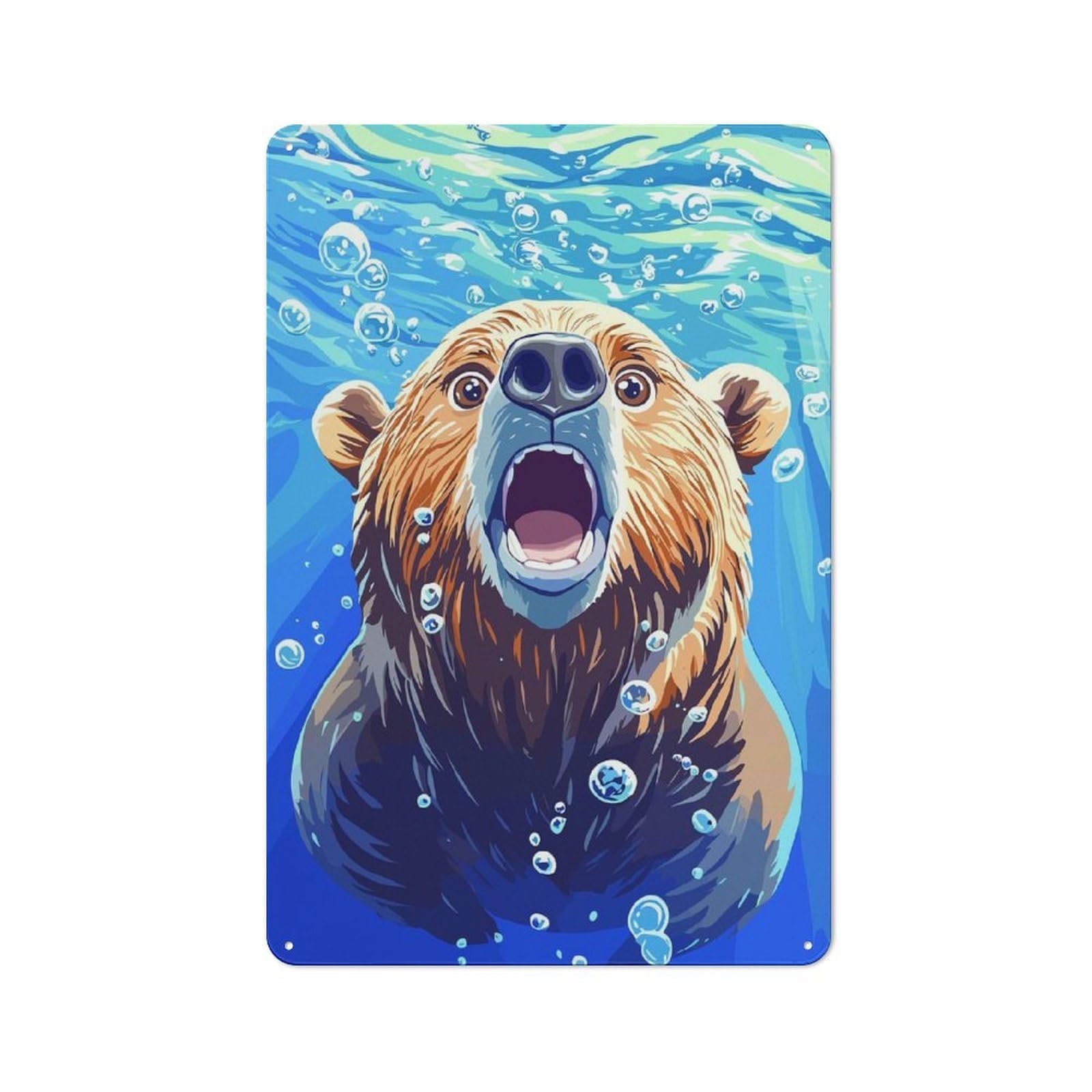 Junmoney Style-24 Surprised Bear Underwater With Bubbles Printed Metal Sign 30X20cm For Pub Or Café, For Everyday Room Decor With A Retro Look