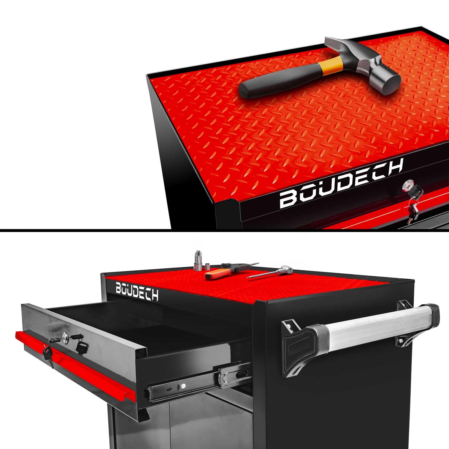 BOUDECH® BUDDY - Carrello da officina a due ante con cassetto e serratura, armadietto da garage con ruote autobloccanti, superficie di lavoro con tappetino antiscivolo