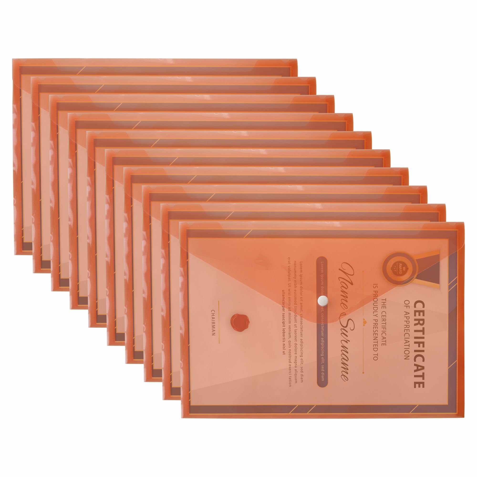 M1SS A4 Clear Document Folders Plastic Wallets Folder - 50 Pack 𝗕𝗨𝗟𝗞 𝗕𝗨𝗬 Popper Wallet with Button Closure (Orange)