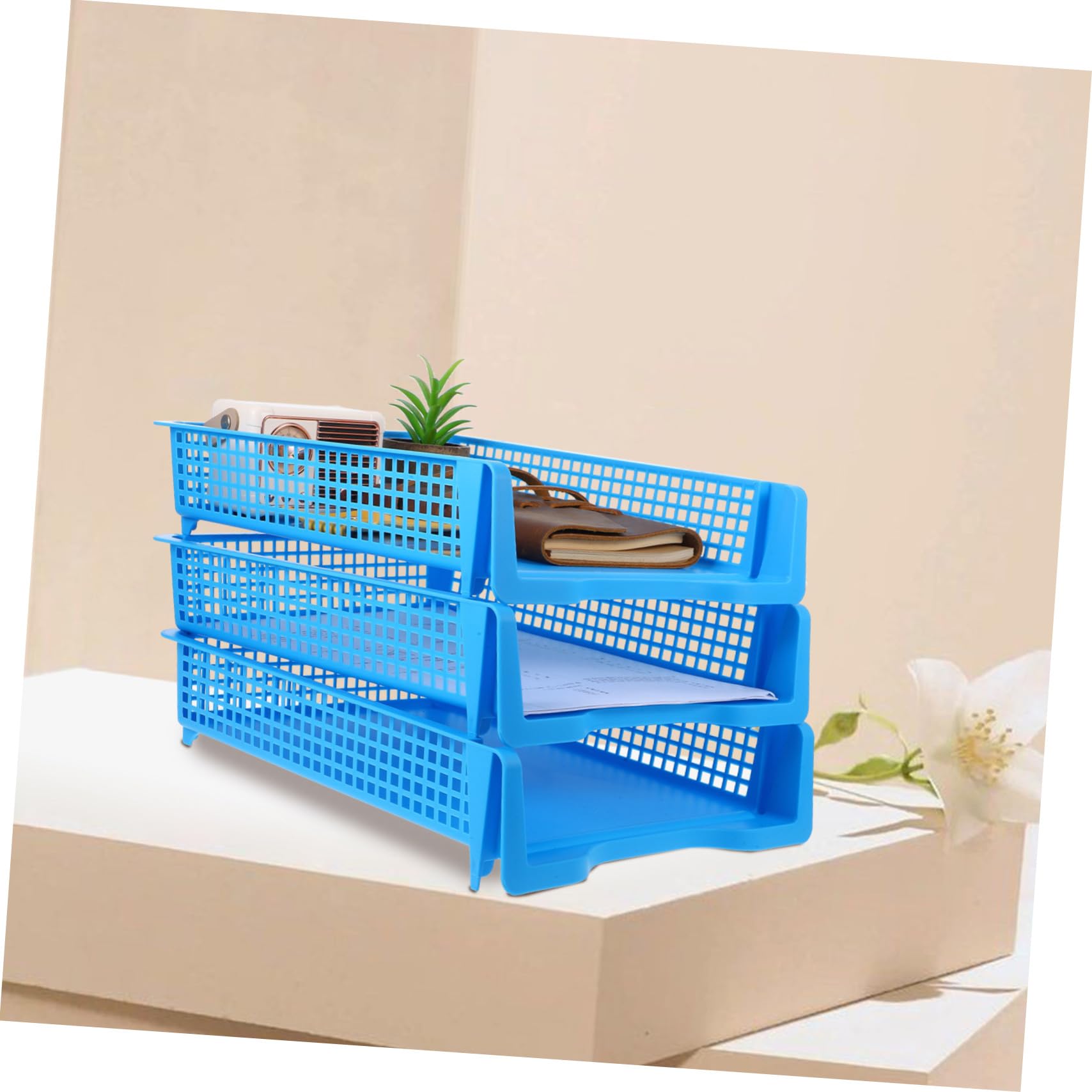 Homoyoyo Set da 3 Vaschette Portadocumenti Impilabili in Plastica Blu, Organizer Multifunzionale per Ufficio e Aula Design Minimale e Funzionalità Versatile