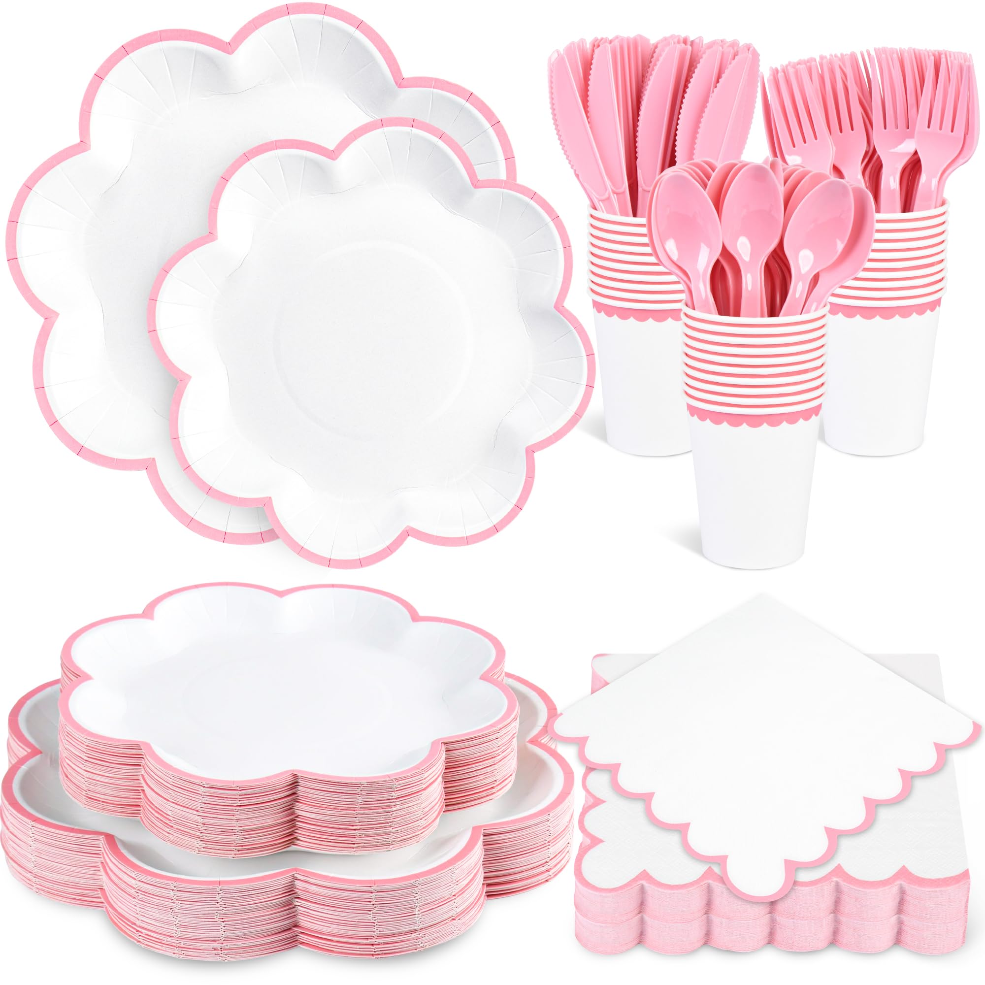 Houuqe 350 Pcs Pink and White Paper Plates and Napkins Set - tableware | Mubboo