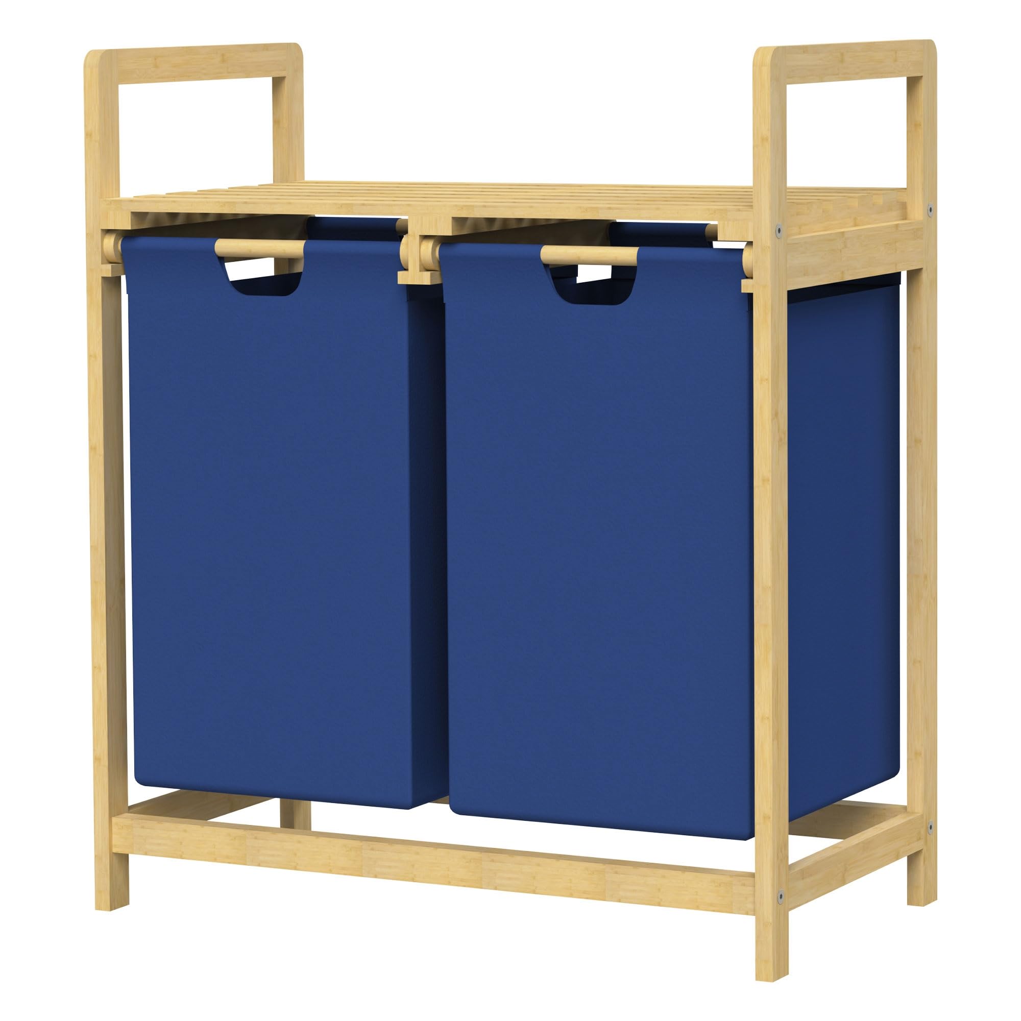 ML-Design Cesto para la Colada, Bambú Azul Oscuro, Caja para la Ropa Sucia con 2 Compartimentos, Recogedor con 2 Bolsas Extensibles 30 L, Cubo con Estante Clasificador para el Cuarto de Baño