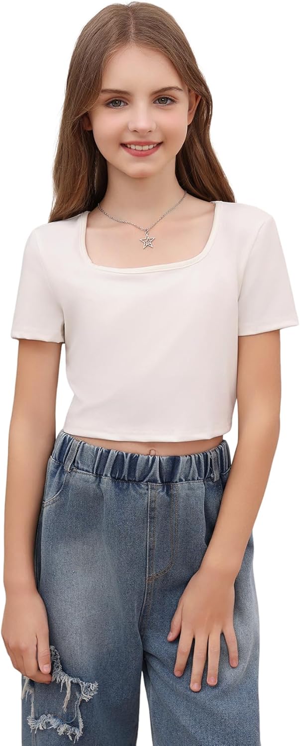SOLY HUX Girl's Crop Tops Cute Clothes 3 Pack Square Neck Short Sleeve T Shirts Basic Slim Fitted Tees - Image 2