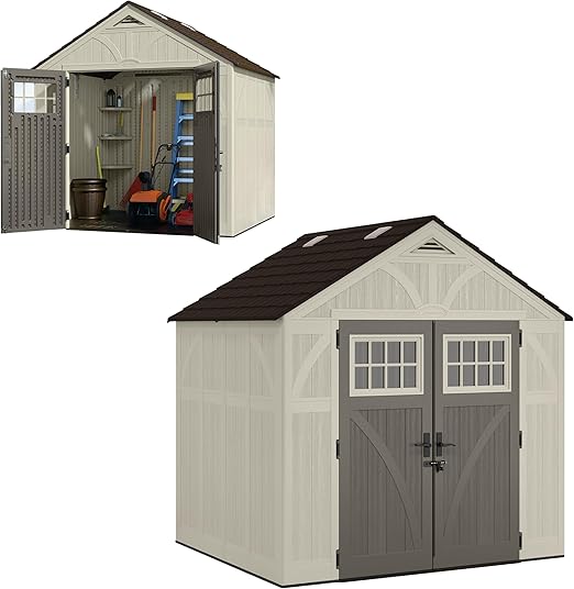 Suncast 8x7 Ft. Outdoor Storage Shed - Large Resin Shed with Floor, Lockable Double Doors, & Skylights. 378 Cu Ft Tremont Garden Sheds & Outdoor Storage for Lawn Tools, Riding Mowers, Bikes, & More