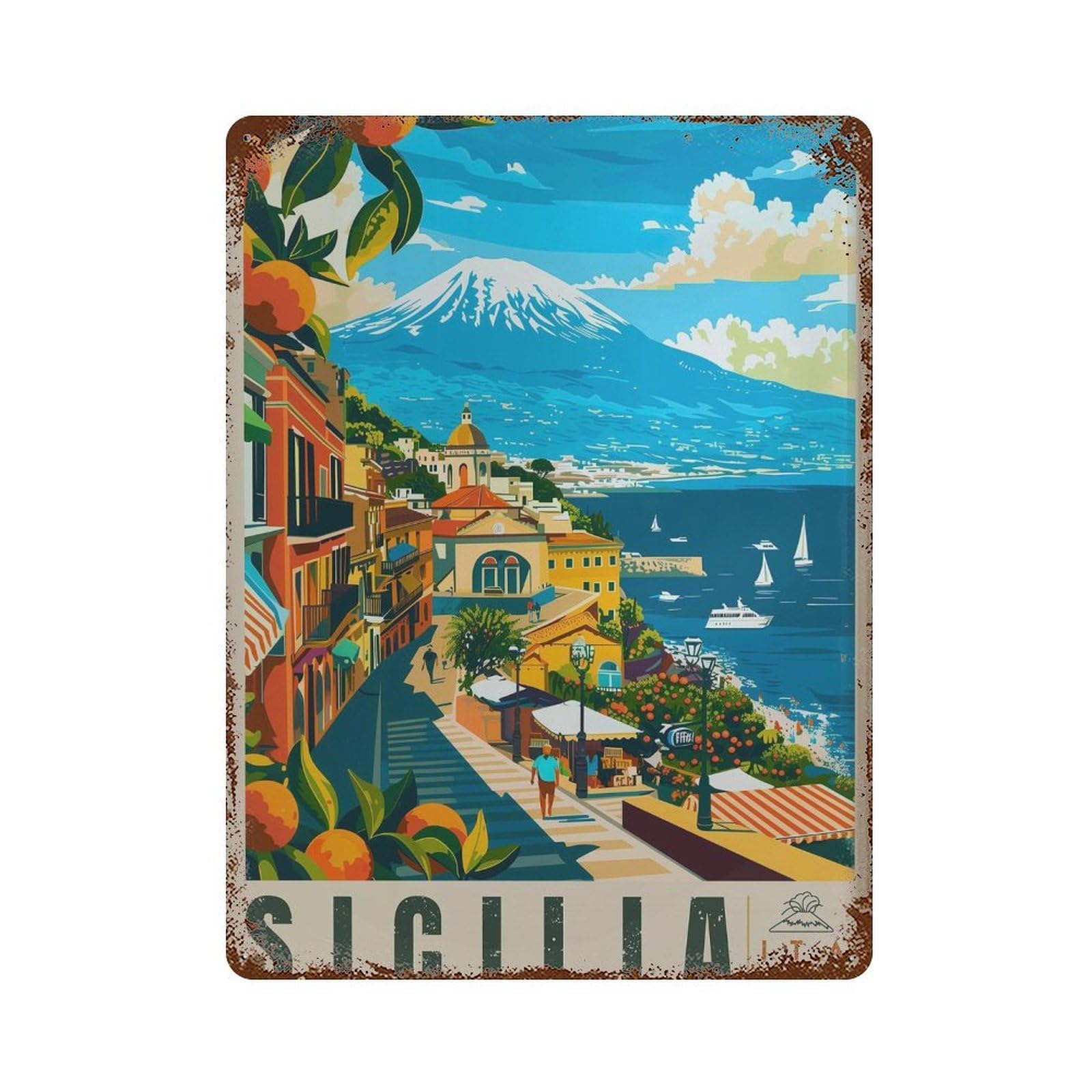 xiaoxiaoshen Sicily Travel Mount Etna & Taormina Italy Wall Decor Art Metal Tin Poster Modern Home Decor Art Home Bar Shop Decorations Vintage Sign 40x30cm