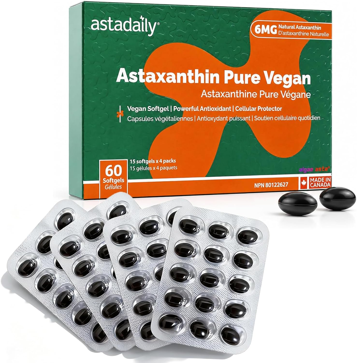 Astadaily 6mg Pure Astaxanthin 60 Softgels, Natural Antioxidant Supplement, 60 Count