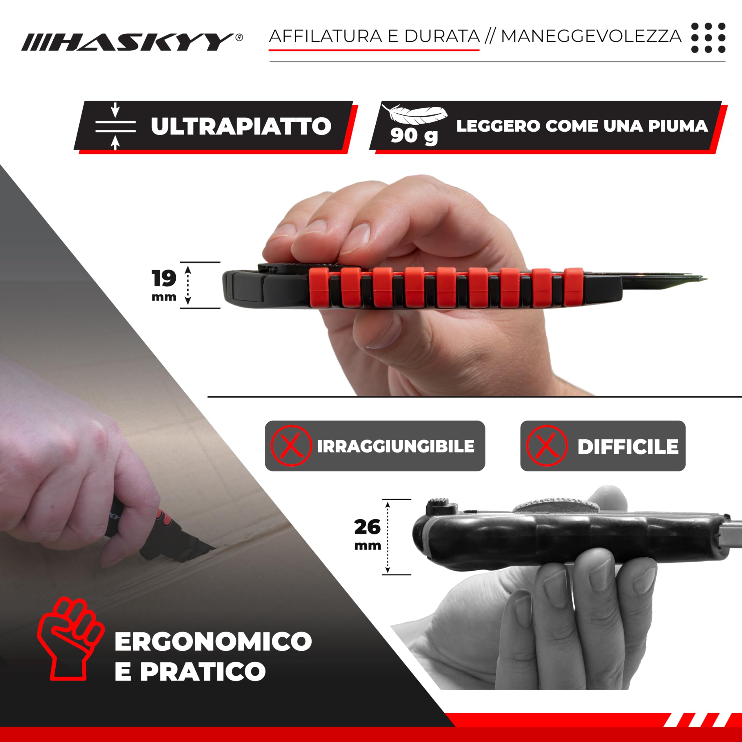 HASKYY Taglierino da Tappeto 18mm Set 5x Coltelli con Lama SK5 Ergonomico