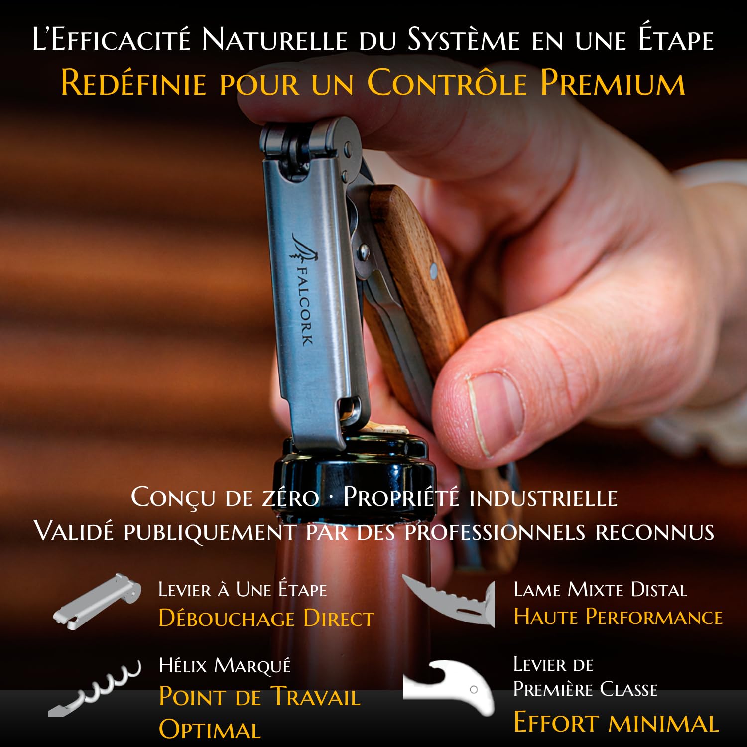 Limonadier pour Professionnels FALCORK® 144 Efficacité – Tire-Bouchon à Une Étape pour Usage Intensif en Hôtellerie-Restauration avec Hélice Marquée, Décapsuleur Intégré et Manche en Bois d’Olivier