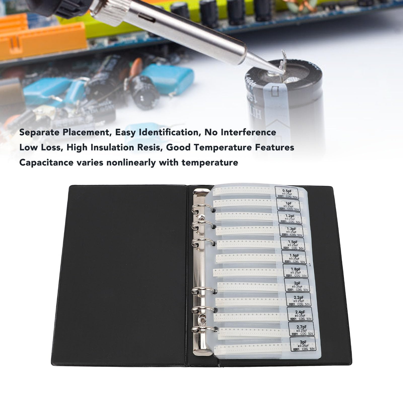 0201 Libro campioni di condensatori SMD, libro campioni di componenti elettronici di valore 84, kit di assortimento di condensatori in plastica nera per professionisti o