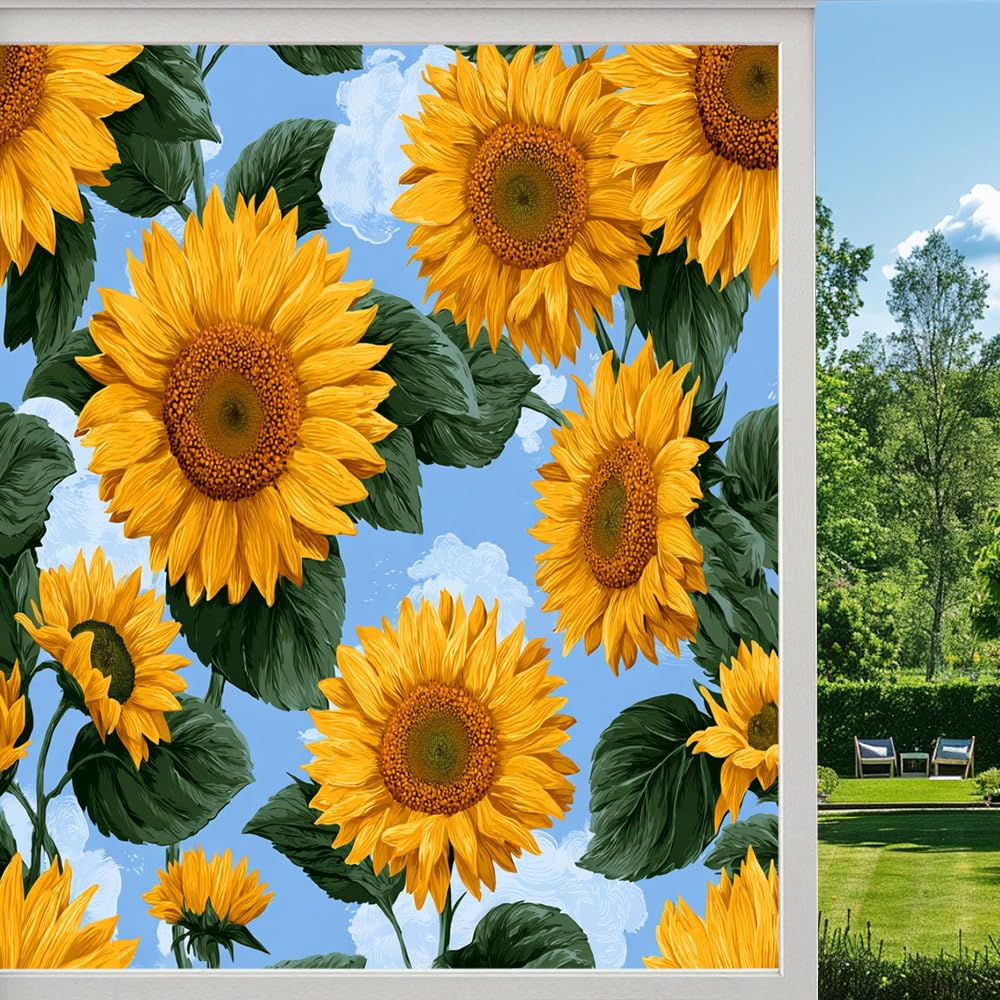 Dreamy Sunflowers Stained Glass Window Film, Rustic Natural Floral Peel and Stick Privacy Film, Frosted Adhesive Vinyl Decorative for Bathroom Windows Glass Doors,（90x140cm）