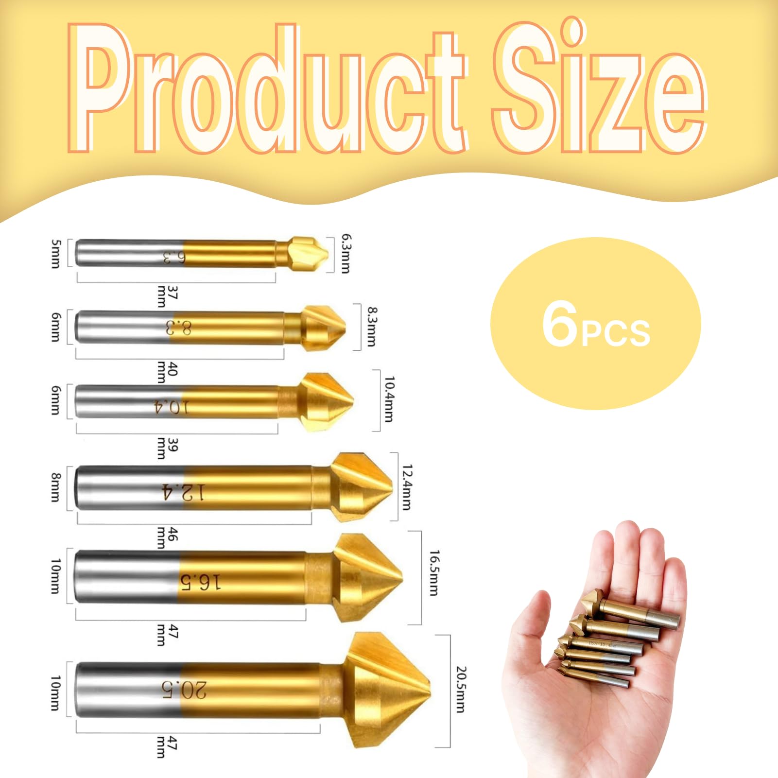 6 Pièces Fraise à Chanfreiner 90° HSS Titane Conique Cylindrique, Jeu de Fraises à Chanfreiner pour Métal et Matériaux Non Métalliques, Ø 6,3-20,5 mm