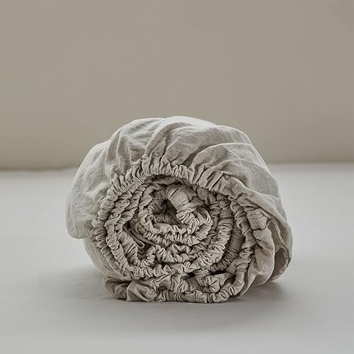 Miniatura 8 de Simple&Opulence Sábana bajera ajustable 100% lino (1 pieza), funda de colchón, lino belga natural, tamaño matrimonial, bolsillo profundo de 14