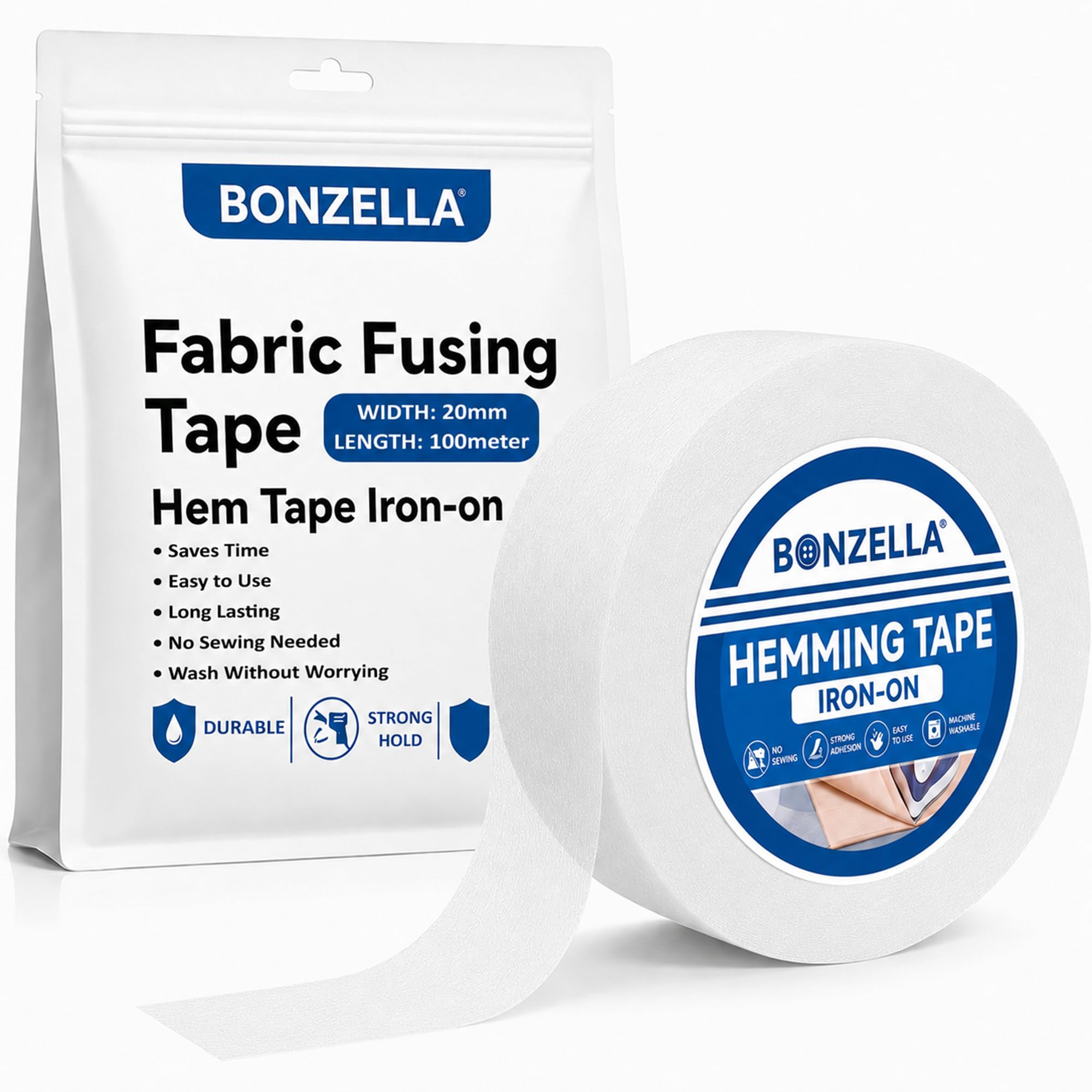 BONZELLA Fabric Fusing Tape for Clothes, Double Sided Adhesive No Sewing Ironing Hem Tape for Pants, Dresses & Curtains, Strong Iron on Hemming Tape for Tailor & Home Use, White, 20mm x 100 Meter