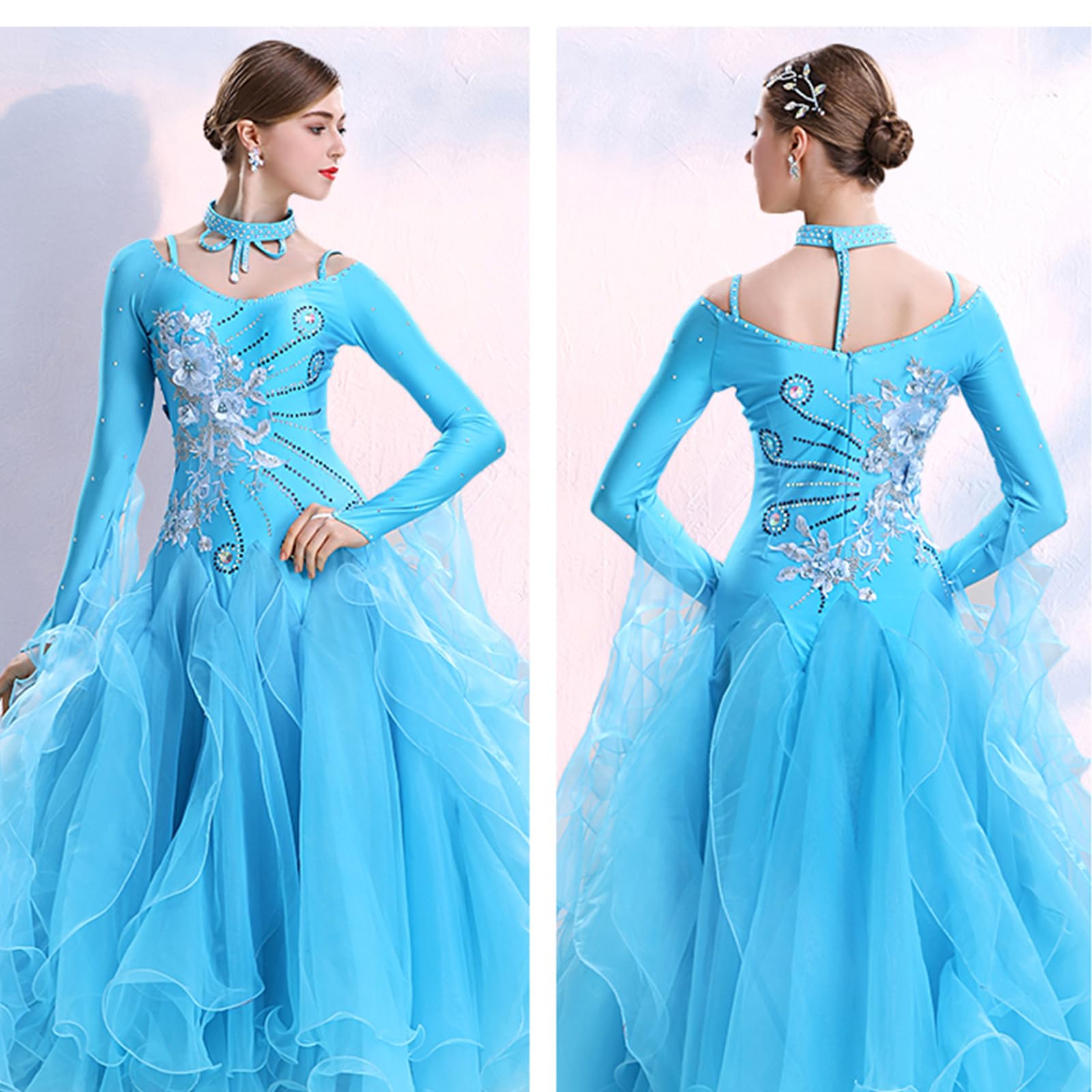 CHAGME Ballroom Dance Dresses Dancing Modern Smooth Waltz Tango Party Latin Swing Dress Long Sleeve for Women,Bean Green,L