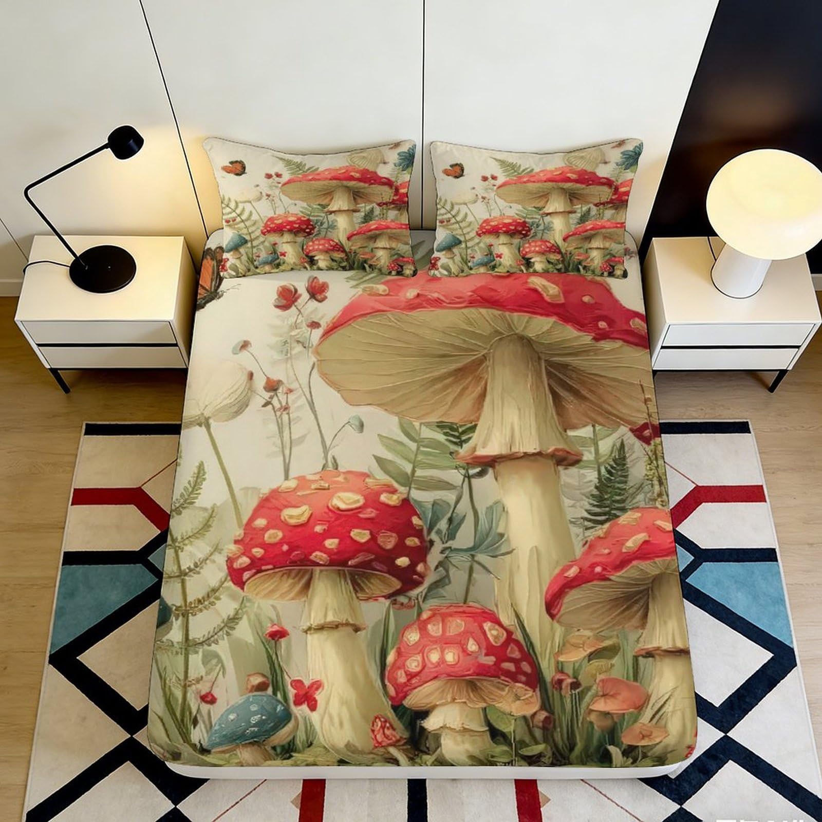 Decorative mushroom pattern Fitted Sheet, 3D Printed, Microfiber, soft touch, apartment bedding, dust resistant, easy care, bedroom decor 90x200x25cm