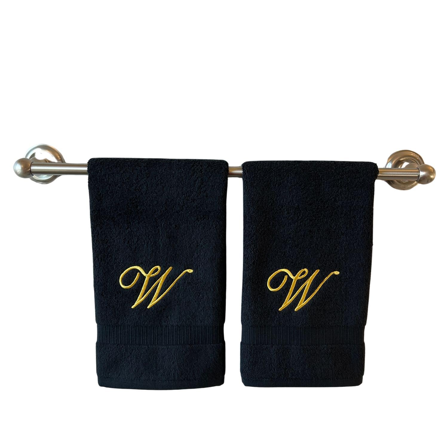 Black Monogrammed Hand Towels for Bathroom - Luxury Hotel Quality Personalized Initial Embroidered Towel for Powder Room, Spa - GOTS Organic Certified - Set of 2 Gold Letter W