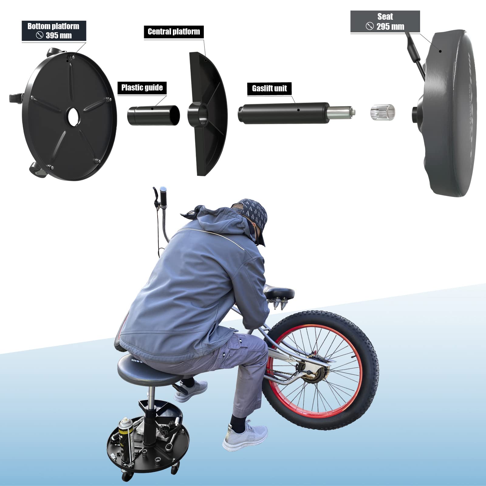 HASKYY Werkstatthocker Rollhocker | Höhe 430-580mm I Sitz Geleinlage | Werkstatt-Arbeits-Hocker-Stuhl-Sitz I 135kg | ø40 cm | 2 Ablagen I Grau
