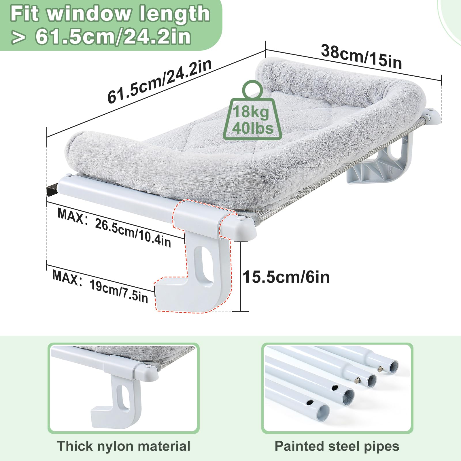 GUUSII HOME Cat Hammock Window Perch Seat Kitten Hanging Bed Windowsill for Indoor Large Pet Shelf Sturdy Kitty Lounger Washable Cushion Easy to Assemble No Drilling Hold 18kg 63 * 38cm(Grey - Image 4