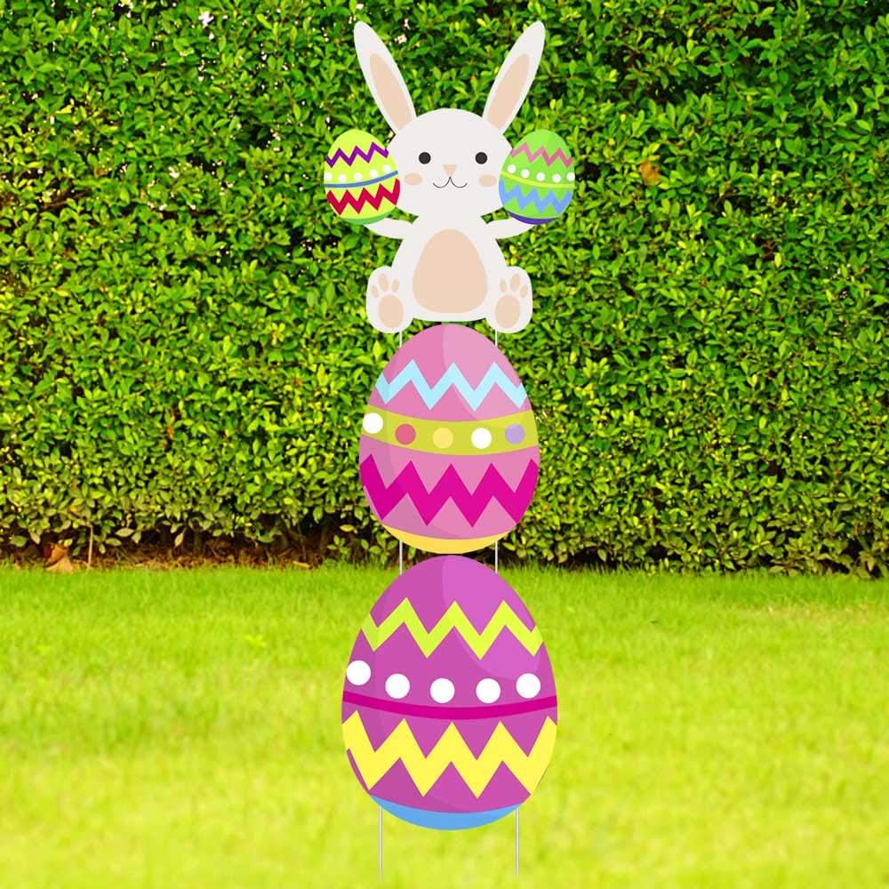 Easter Bunny & Egg Party Yard Signs,Corrugated Signs Multicolored for Yard Outdoor Lawn Party Decoration,Printed 2 Sided Yard Sign with Stake Set of 3