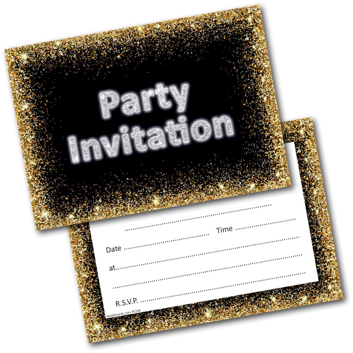 doodlecards Party Invitations Black Gold Ready to Write pack of 10 Postcards and Envelopes. Printed in UK, Premium Quality & 100% Recyclable.