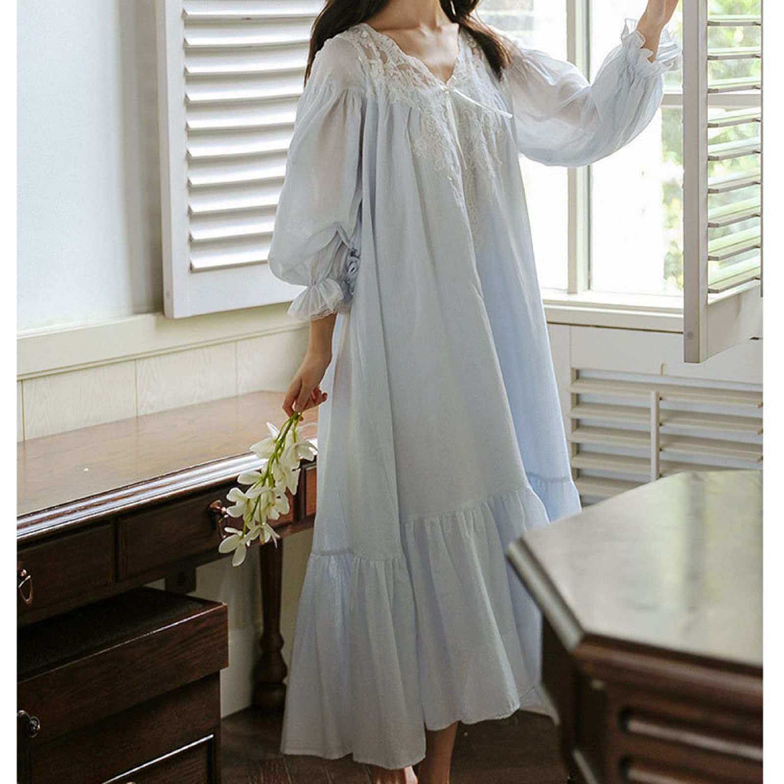 OFFSUM Camisón De Pijama De Mujer - Color Sólido V Cuello Camisón Casual Encaje Elegante Palacio Dulce Camisón Primavera Otoño Loungewear Ropa De Dormir Lencería