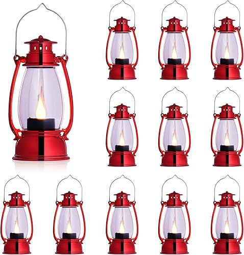 Paquete de 12 linternas decorativas vintage, mini farol rojo decorativo LED portavelas con velas sin llama para centros de mesa de boda, decoración