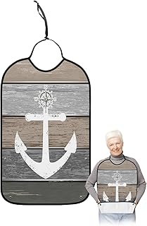 BOBOWUNY Beige Gray Ombre Wood Adult Bibs for Elder Women Men Eating, Beach Nautical Anchor Ocean Coastal Waterproof & Washable Bibs for Eating Clothing Protector Dining Bibs for Crumb Catcher