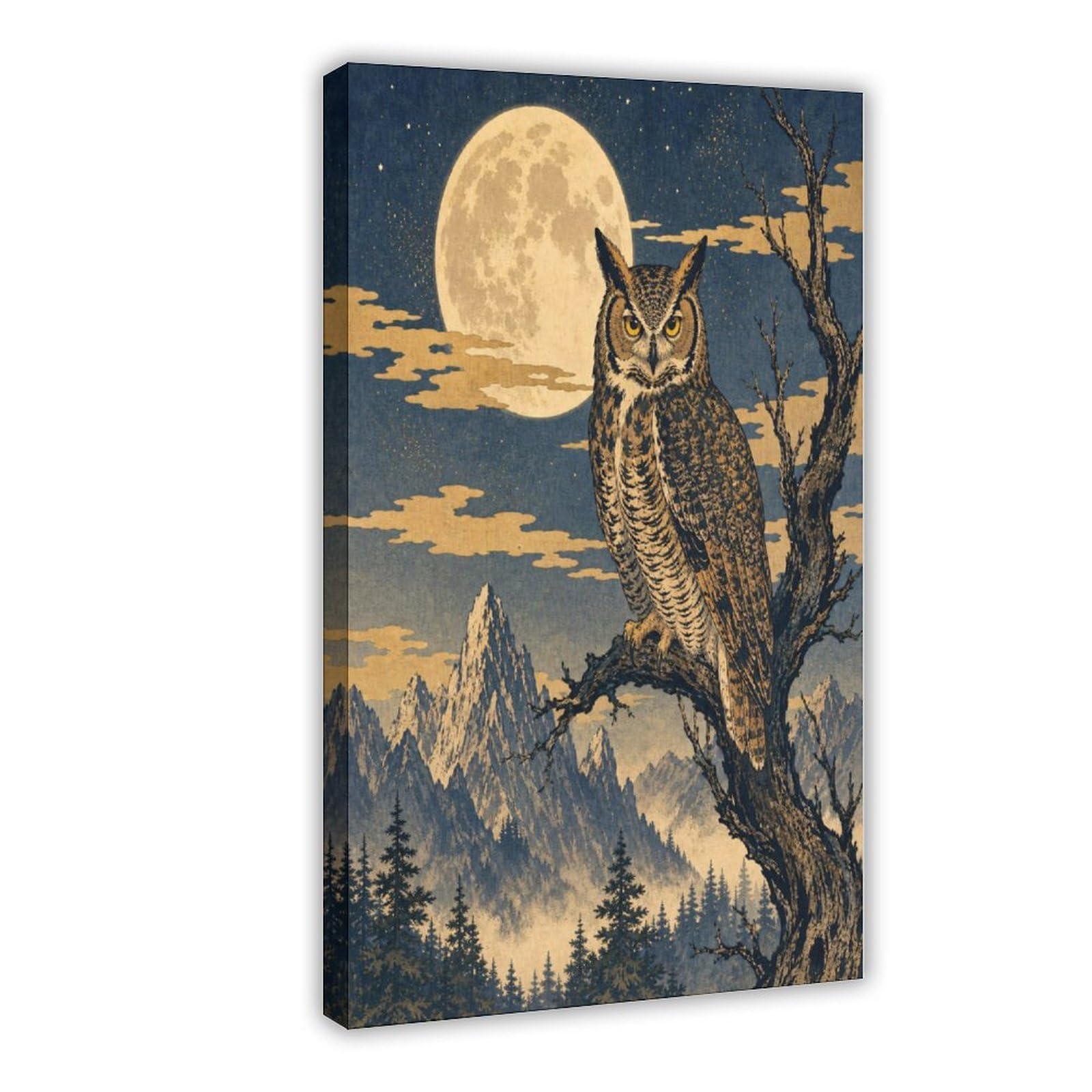 W7c8u2x3 Frame-Style-22 Moon Owl On Branch Canvas Wall Art, Moonlit Stage Entryway