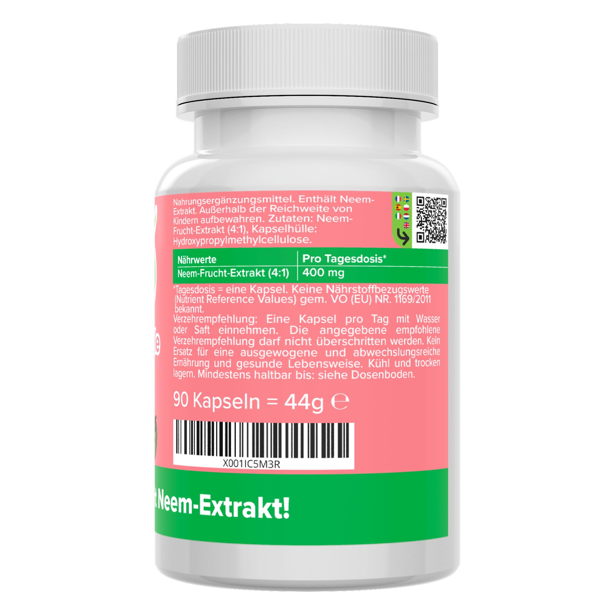 Neem Kapseln - hochdosiert 1600 mg (400 mg 4:1 Extrakt) - bioaktiv & vegan - Produktion in Deutschland - laborgeprüft - Niem ohne Zusatzstoffe - Frucht-Extrakt aus dem Neembaum - Vitamineule®