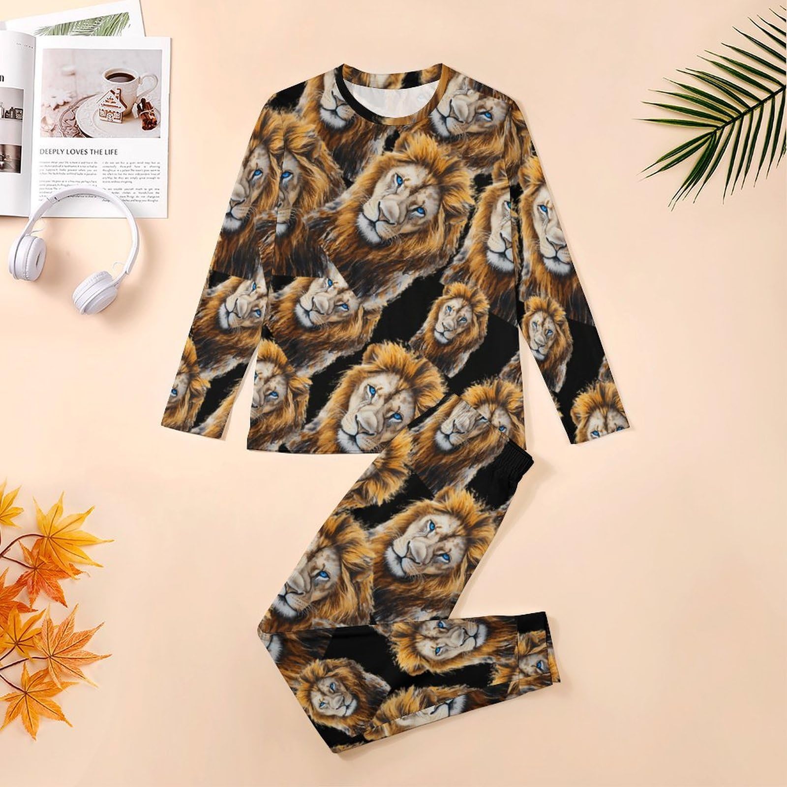 Conjunto de pijama de león acuarela para hombre, cuello redondo, 2 piezas, manga larga, suave, transpirable para todas las estaciones