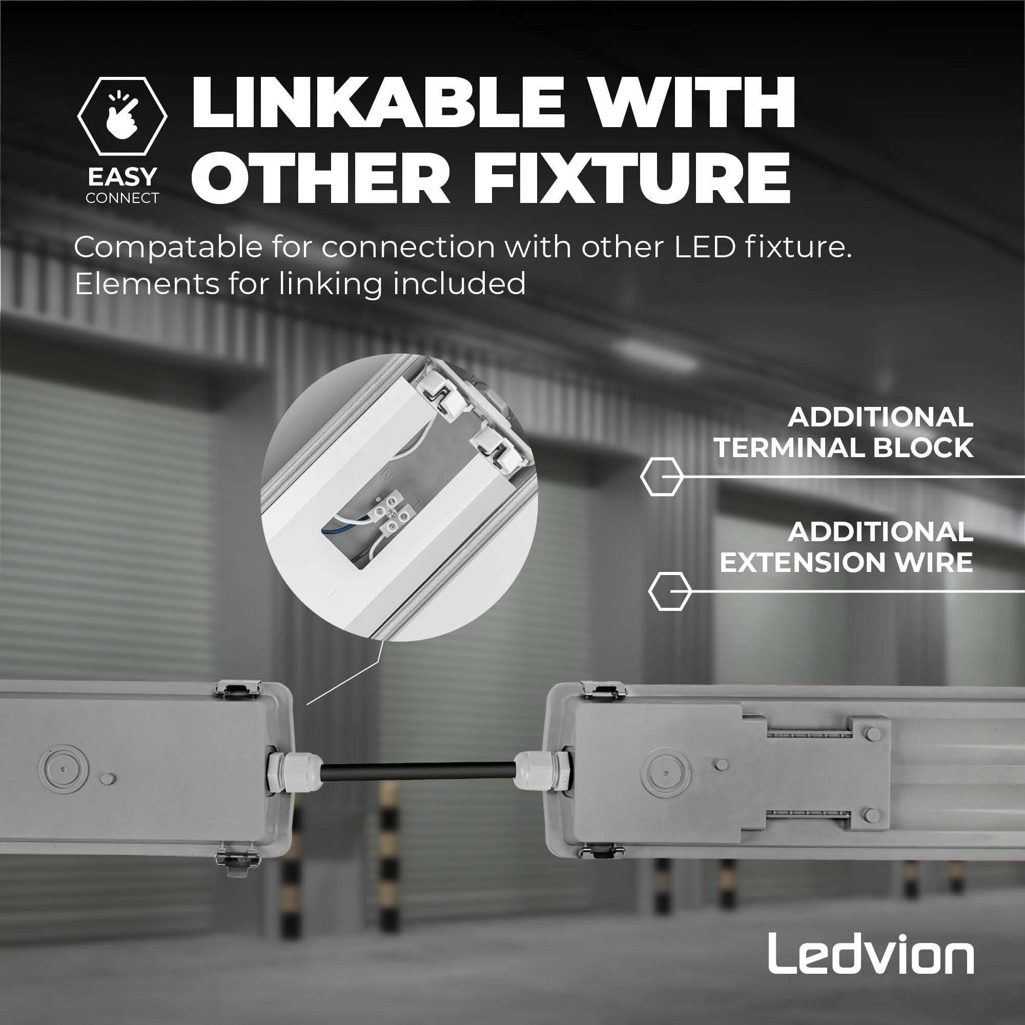 Ledvion - 1 pieza, pantalla estanca, 120cm, IP65, para 2 tubos LED, Tubo No incluido, Impermeable, lámpara de techo para garaje, de bodega