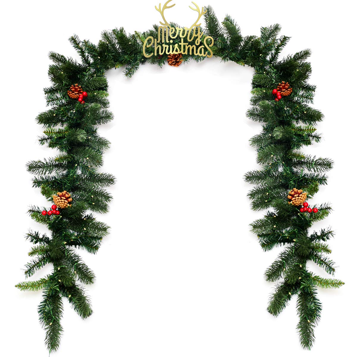 RELAX4LIFE Guirnalda Navidad 270 cm de PVC y PE con Manzanas Rojas y Manzanas de Pino, Guirnalda de ratán con 100 Luces LED, decoración de Navidad, decoración de Puertas, chimeneas, Paredes