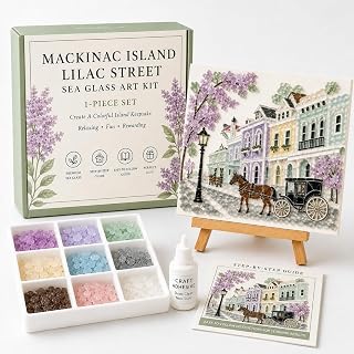 DIY Sea Glass Art Kit for Adults, Lighthouse Mosaic Craft Kit with Wooden Easel & Supplies, Coastal Wall Decor, Beginner Friendly Relaxing Keepsake Gift(Mackinac Island)