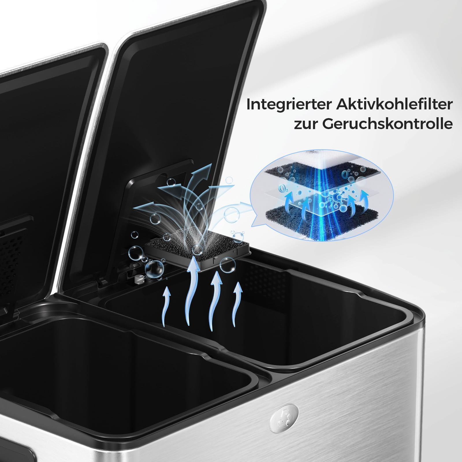 YASHE Mülleimer 2 Fächer mit Deckel, 2x30L Mülleimer Küche, Tretmülleimer Edelstahl mit 20 Müllbeuteln, Herausnehmbaren Inneneimern, Soft-Close