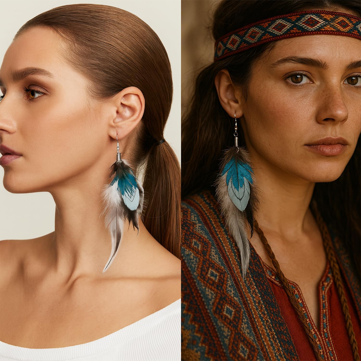 3 Pcs Artisanal Feather Earrings for Women, Boho Bohemian Style with Multicolor Tassels, Handmade Dangling Feather Dangles, Lightweight Trendy - Image 6