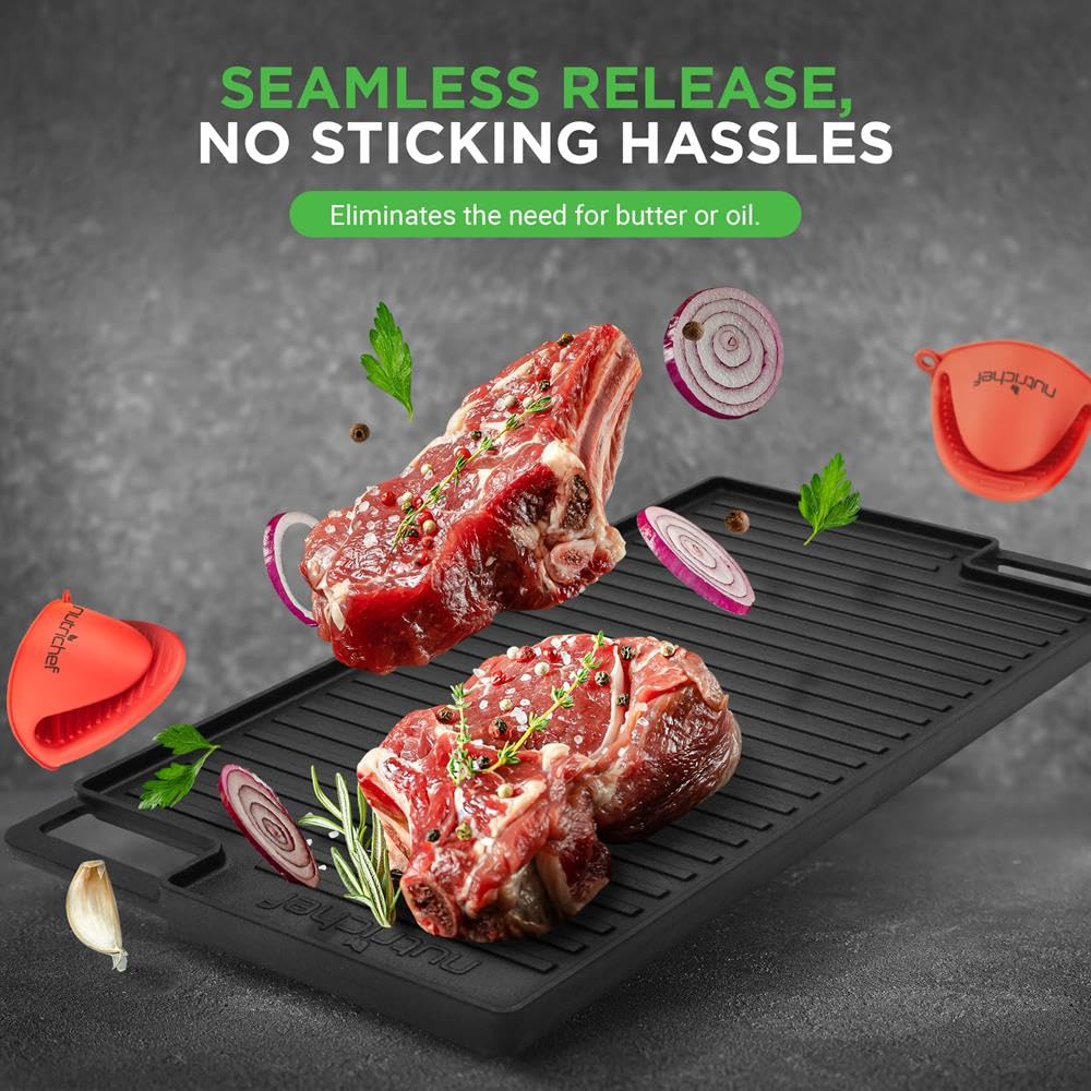 Nutrichef Piastra grill reversibile in ghisa, 46 x 25 cm, piastra piatta e scanalata per piano cottura, forno e barbecue, a induzione e gas, antimacchia e facile da pulire, include guanti da forno in