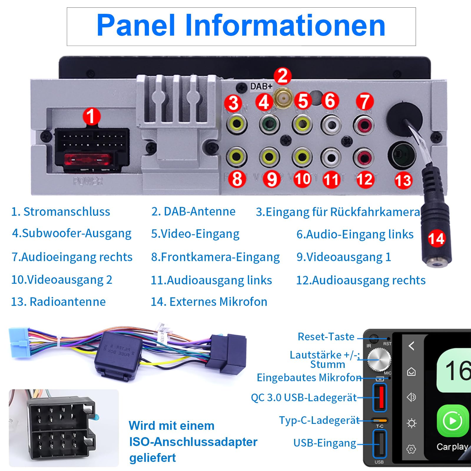 6,9 Zoll 1 Din Autoradio mit drahtlosem CarPlay & Android Auto, Bluetooth, Full-Touch-Autoradio-Display FM, DAB+，Free Rückfahrkamera
