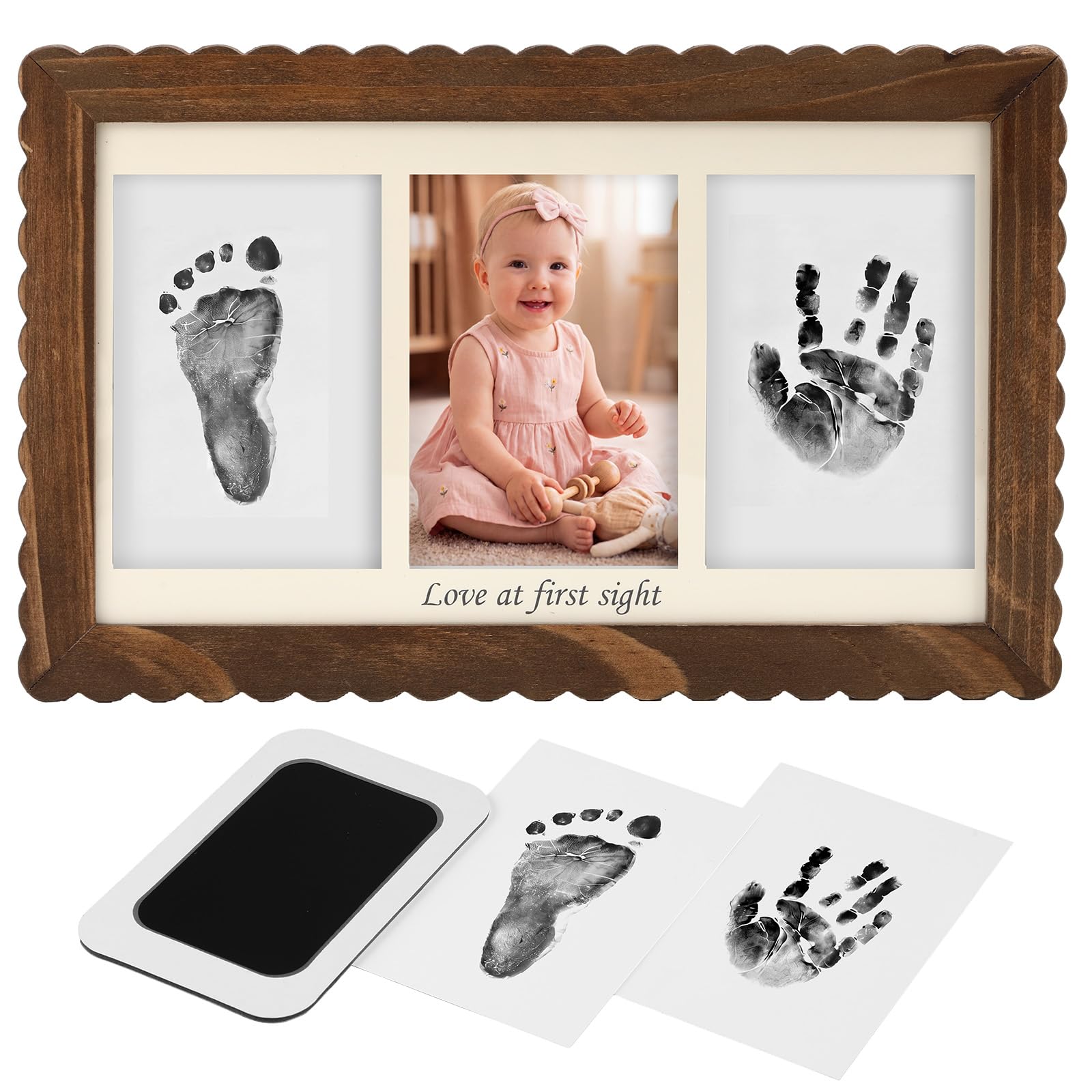 SiliFine Kit de huellas de manos y pies de bebé, marco festoneado de madera maciza, marco de recuerdo de recién nacido, regalo para baby shower, búsqueda de registro de bebés, kit de impresión de