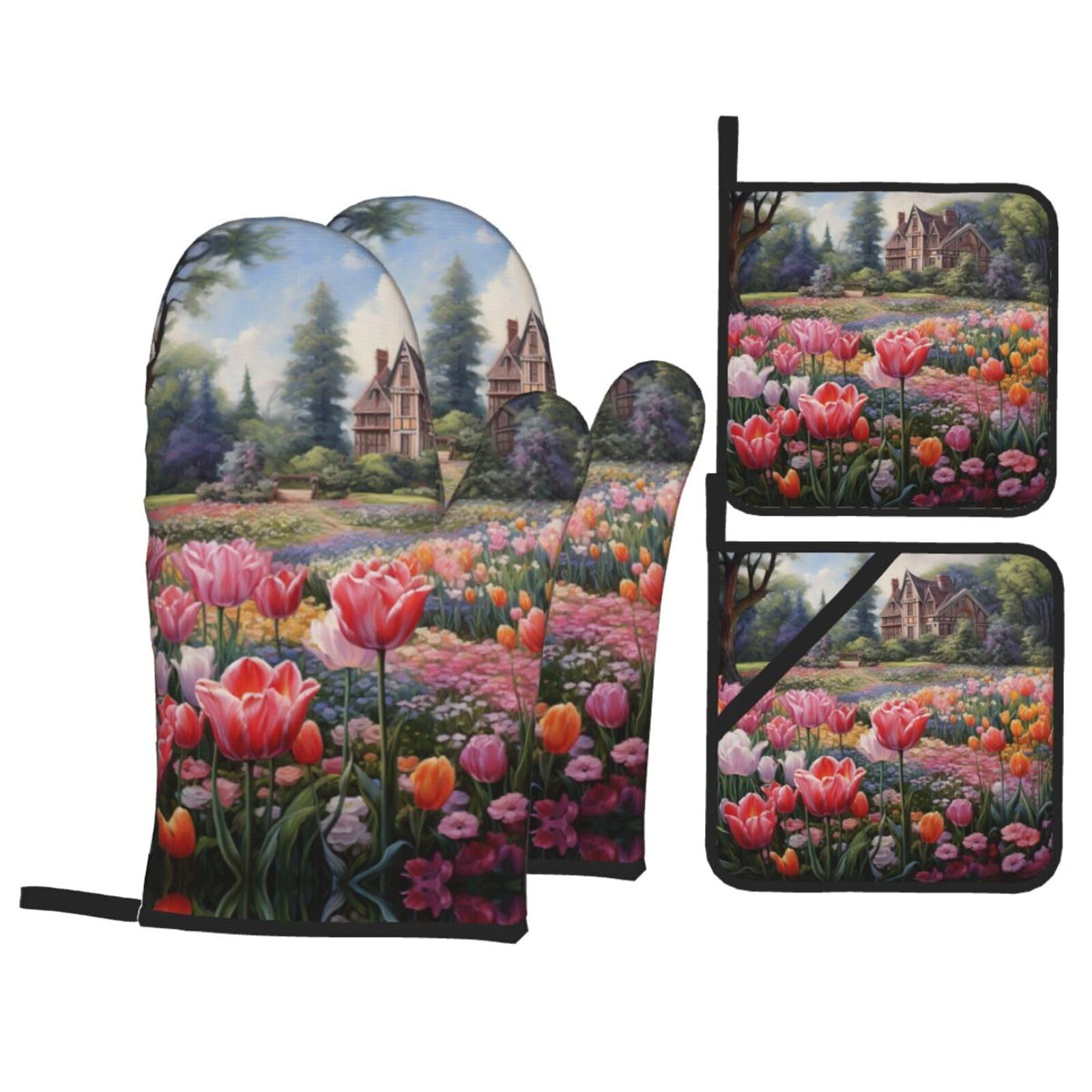 Tulip Garden Print Stylish 4-Piece Microwaving Oven Waterproof Kitchen Gloves Baking Holiday Cooking
