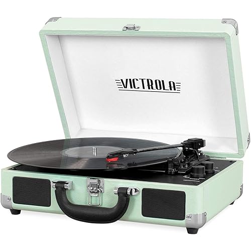 Victrola Journey Bluetooth Portable Suitcase Record Player – with Built-in Speakers, 3 Speed Vinyl Record Player, RCA Out, Headphone Jack (Mint)