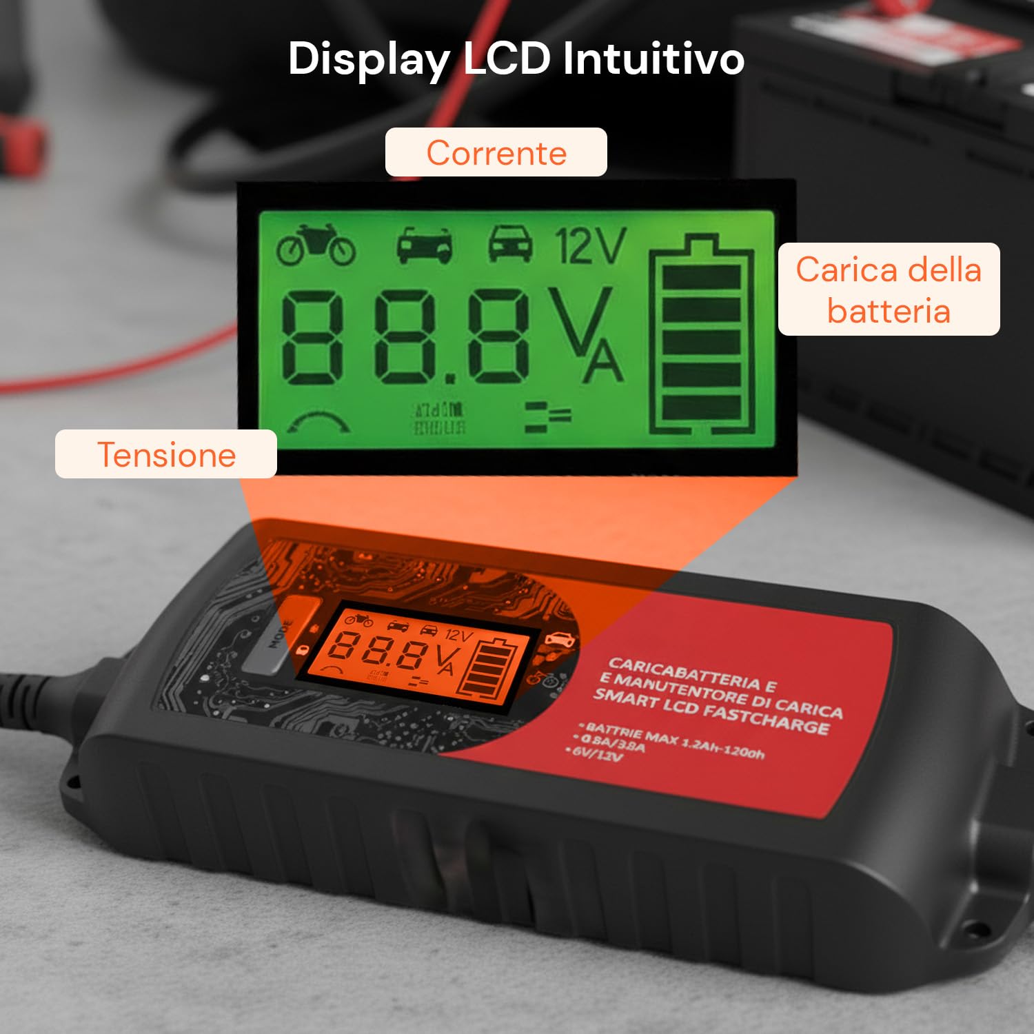 Avilia Caricabatterie per Auto e Moto LCD 3-in-1 per Batterie al Piombo - Caricatore FastCharge, con Mantenitore di Carica e Carica Lenta, Protezione IP65, 6-12V
