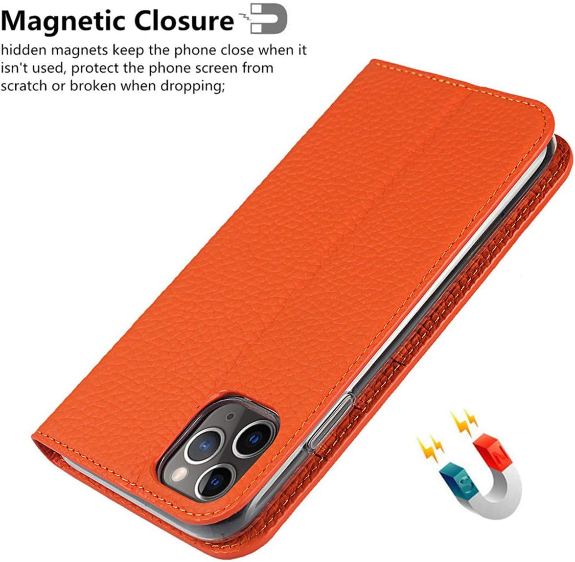 iCoverCase Compatible with iPhone 11 Pro Max Wallet Case, RFID Blocking Genuine Leather Magnetic Case with Wrist Strap and Card Slots Kickstand Feature Flip Cover 6.5 Inch (Orange)