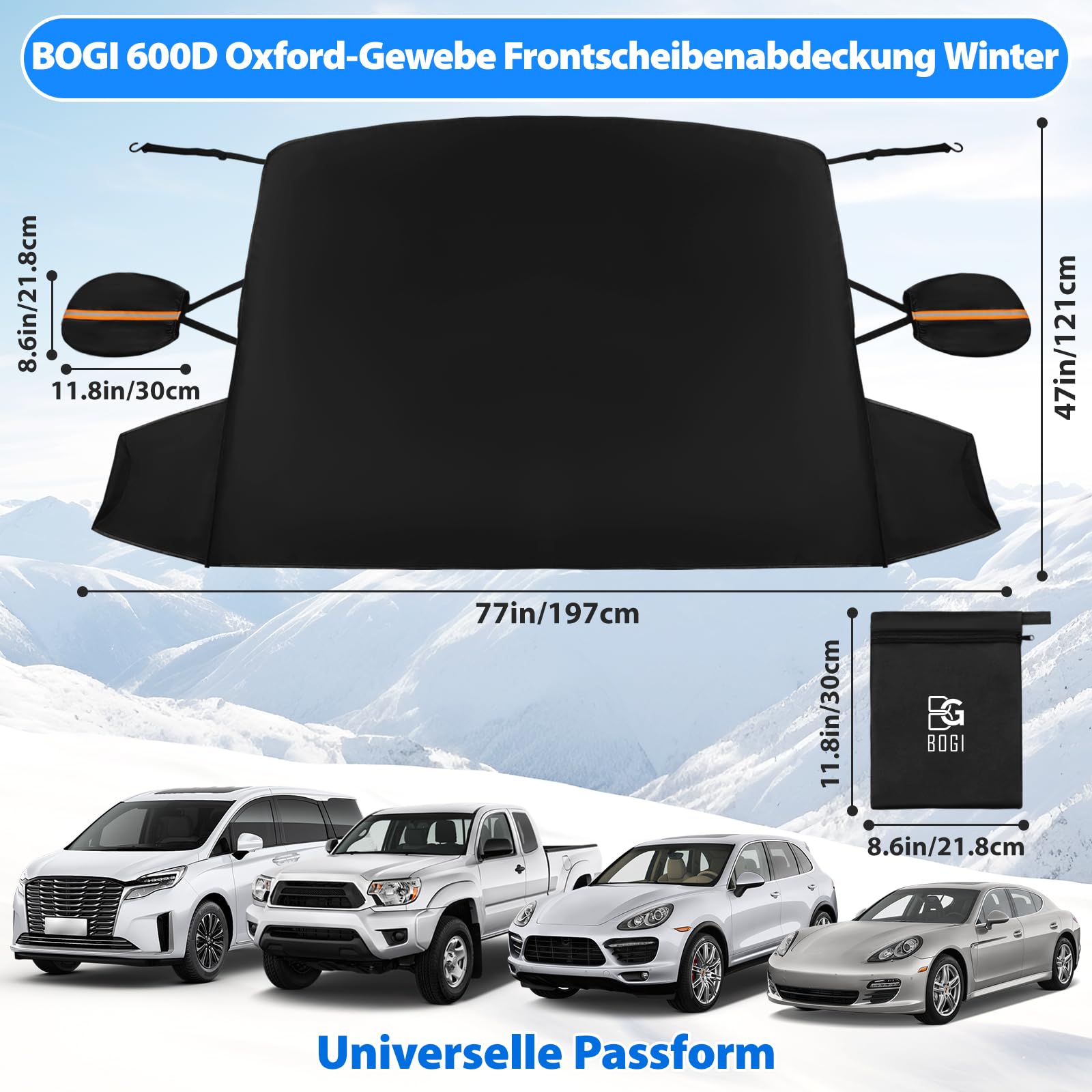 BOGI Frontscheibenabdeckung Winter, 600D wasserdichte & EIS Schnee Windschutzscheibenabdeckung Auto Frostabdeckung Sonnenschutz Winschutzscheiben Abdeckung Faltbar für Auto SUV LKW (195x120CM)