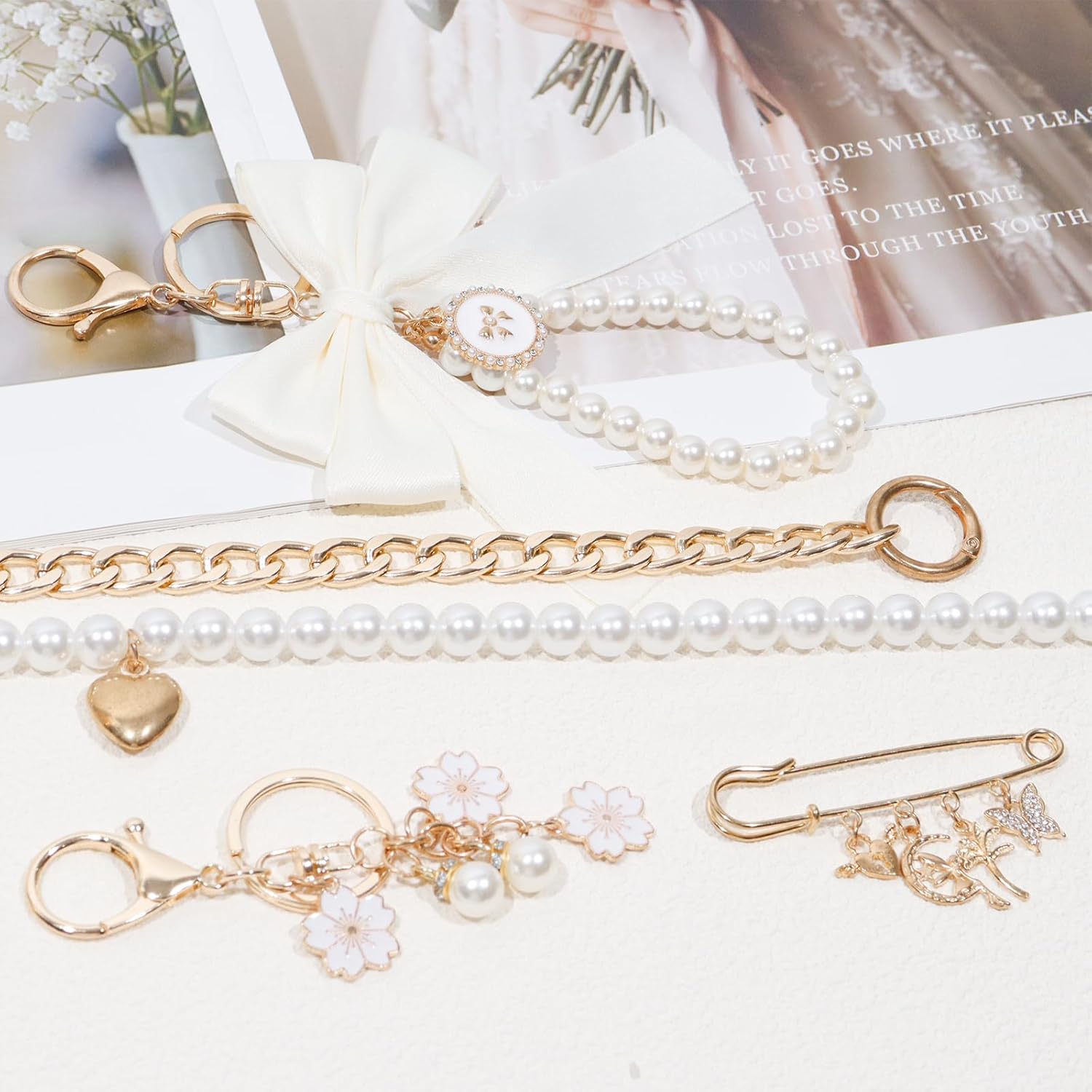 5 in 1 Gold Bag Charms for Handbags,Purse Charms,Pearl Flower Keychain Charm,Bag Accessories for Women Mom Wife,Love Heart Butterfly Pin Decoration - Image 4