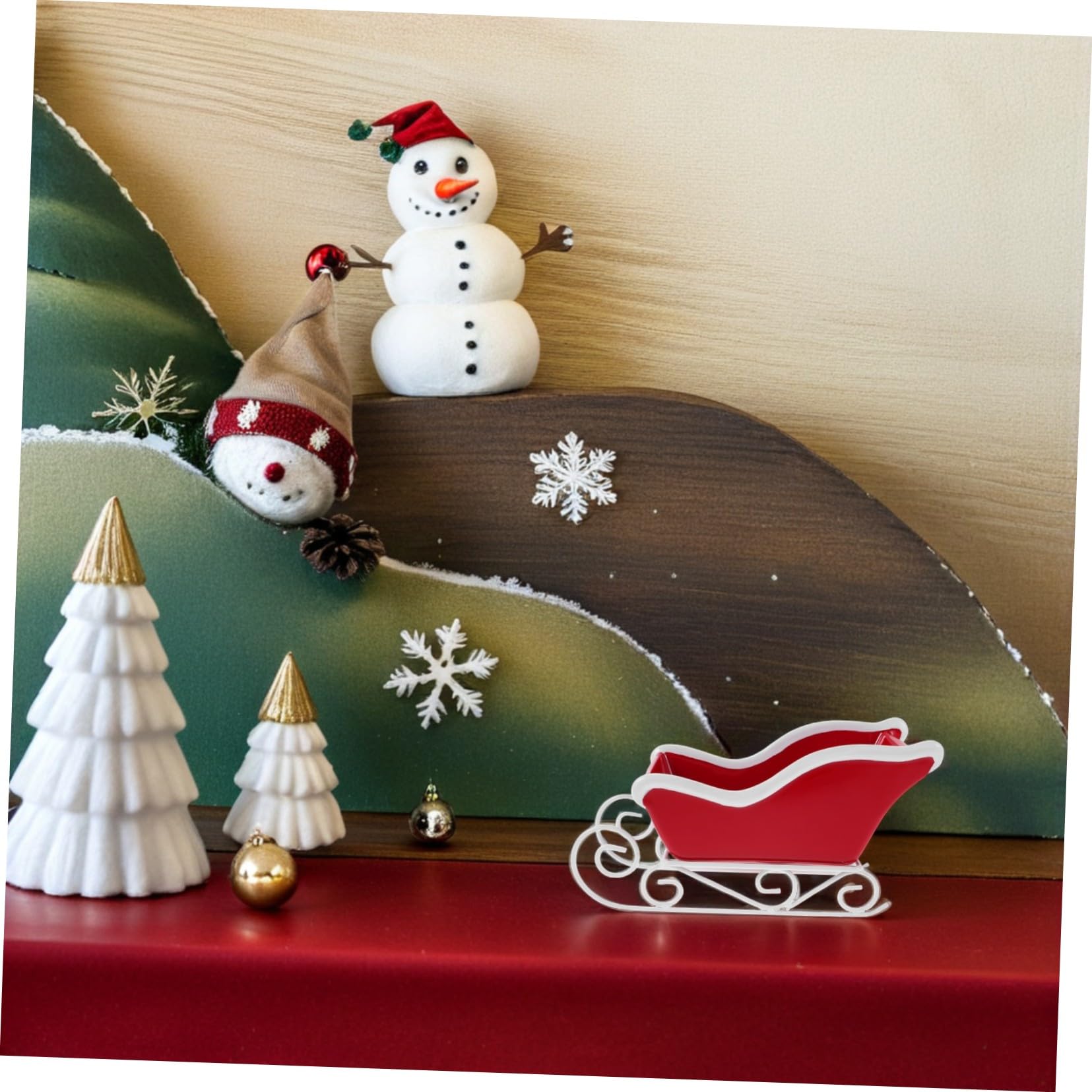 Miniatura Navideño con Base Roja Adorno Festivo para Decoración de Mesa Hogar y Oficina Centro de Mesa Navideño para Acogedor